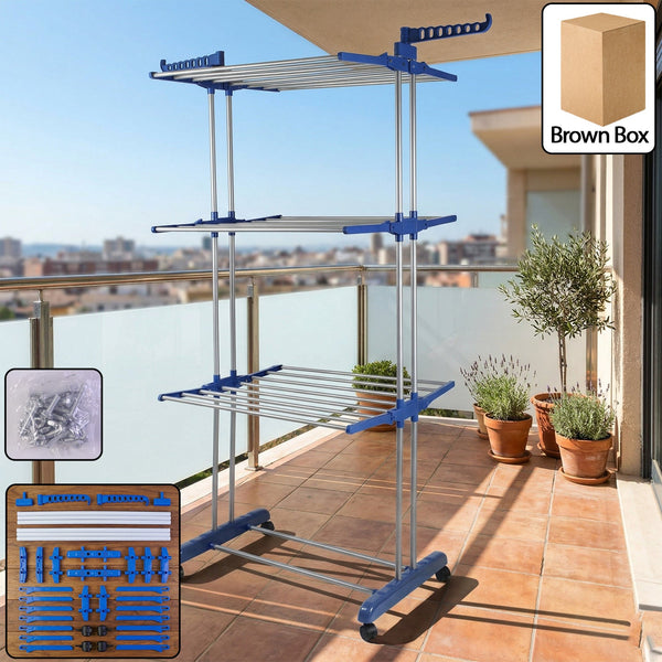 3 Layer Foldable Clothes Drying Stand Rack with Wheels (1 Pc)